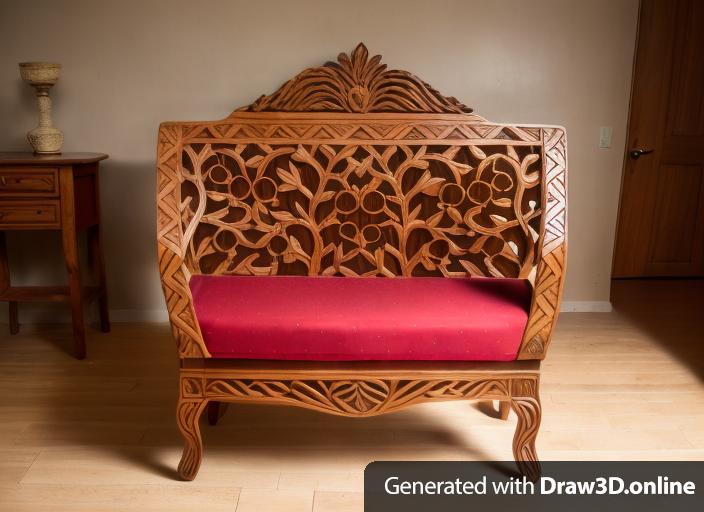 2 chair ls with wood carved in pomegranate inspiration, with light brown bottom cushion. No legs