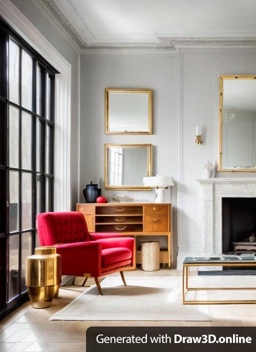 High end london interior, high end inteiror design, morning light, wood floor, glazed door to another internal room, rug, wood side table, grey walls, red chair, marble fire place, snoopy lamp, mirror above fireplace