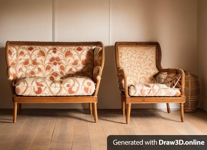 a photo of a carved sofa with pomegranate design, with rattan weaving weaving arms with 10 cm diameters, with light brown cushion