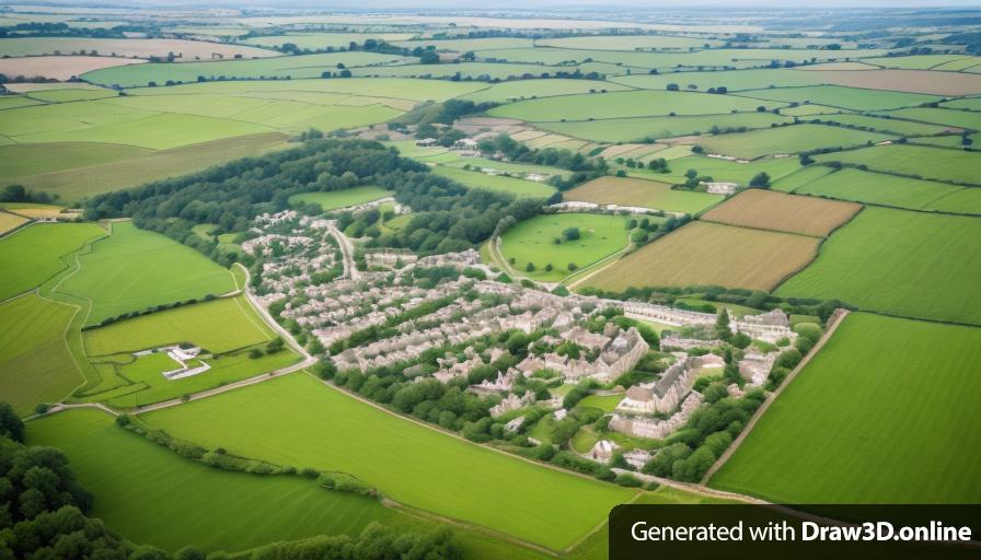 Aerial view of a new Cotswold village with trees and planting