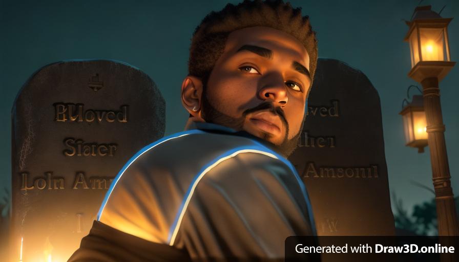 realistic unreal engine style, image at night lit by lanterns of a black man in front of tombstone with a beard, black hair and a clean cut, a wearing blue shirt.