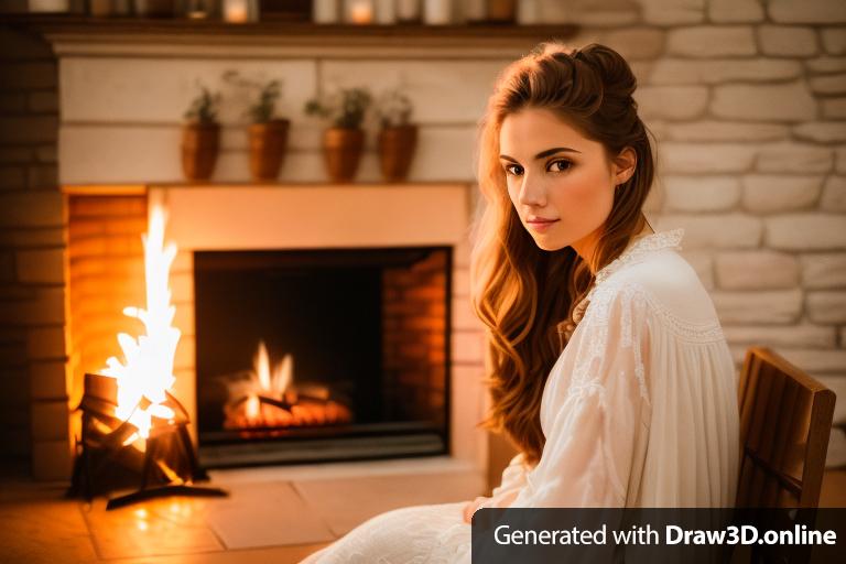 a portrait of a woman, sitting in front of a fireplace