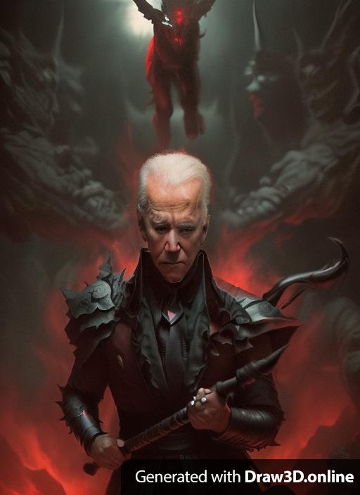 Joe Biden fighting demons dark fantasy art, killing fiends with a mace