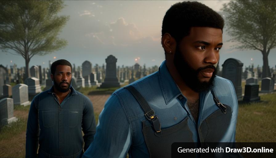 realistic unreal engine style image two black men wearing blue shirts standing next to each other 
the black man behind is wearing  overalls and  has a beard
at a cemetery
at night