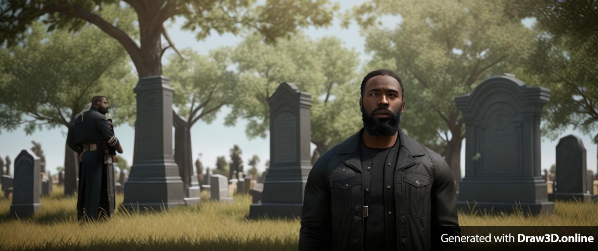 realistic unreal engine style image one black man in dressed in black with a beard standing in a cemetery very sad he is looking  tombstone  in the foreground