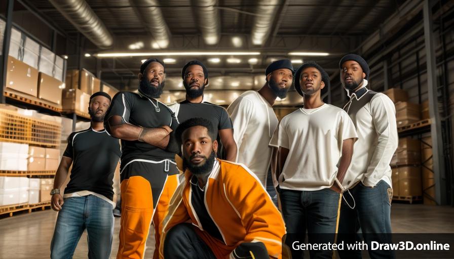 realistic unreal engine style image ,a group of black men with beards,  in a warehouse.
keep all clothing colours the same as original image.