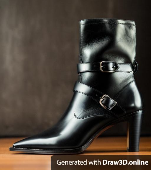 A black leather boot. Straps criss cross on the upper