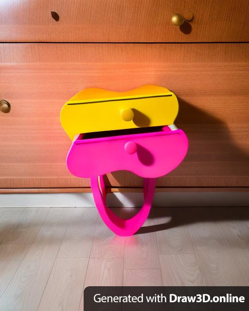 A yellow nightstand with two drawers and pink knobs and no legs.