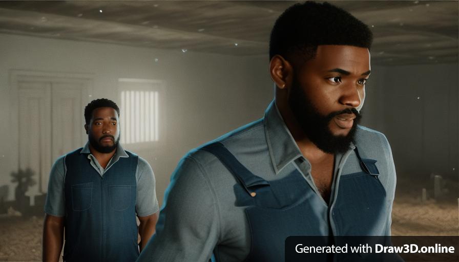 realistic unreal engine style image two black men wearing blue shirts standing next to each other 
the black man behind is wearing  overalls and  has a beard
at a cemetery
at night
lantern on the floor