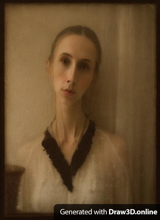 Portrait photograph woman with long neck in dimly lit room, subtly eerie