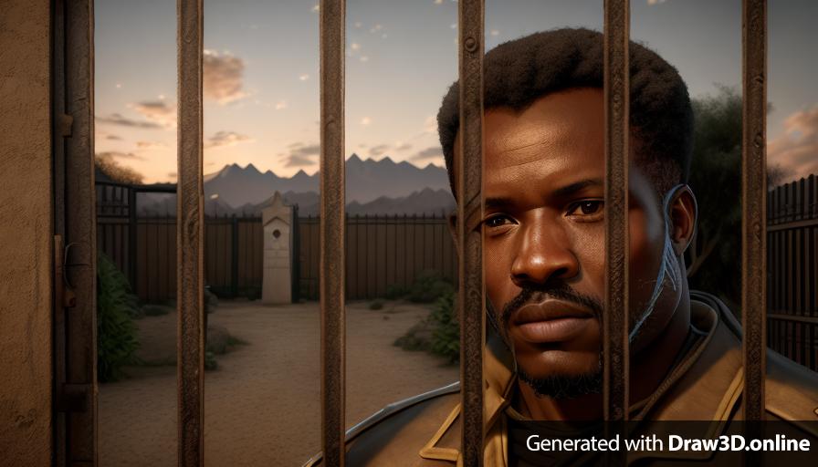 realistic unreal engine style image of aN AFRICAN man behind A GATE , graveyard IN THE BACKGROUND