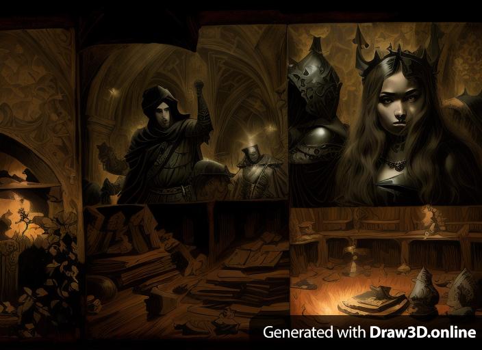 5 panel dark fantasy art medieval style comic book. Noire style dark medieval comic book