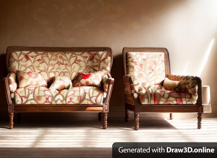 a photo of a carved sofa with pomegranate design, with rattan weaving weaving arms with 10 cm diameters, with light brown cushion