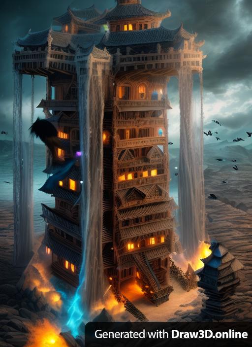 Fantasy art tower being swarmed by ravens and ghosts exploding