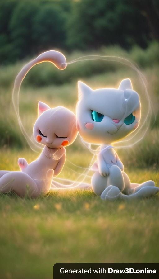 Cartoonish Mew and Mewtwo sitting next to each other in a field