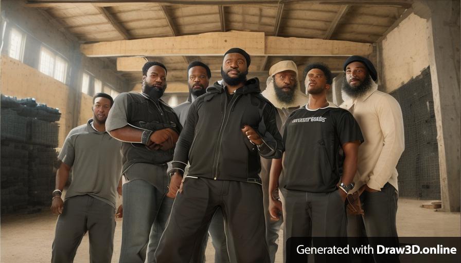 realistic unreal engine style image of a group of black men with beards standing in a warehouse.
keep all clothing the same as original image.