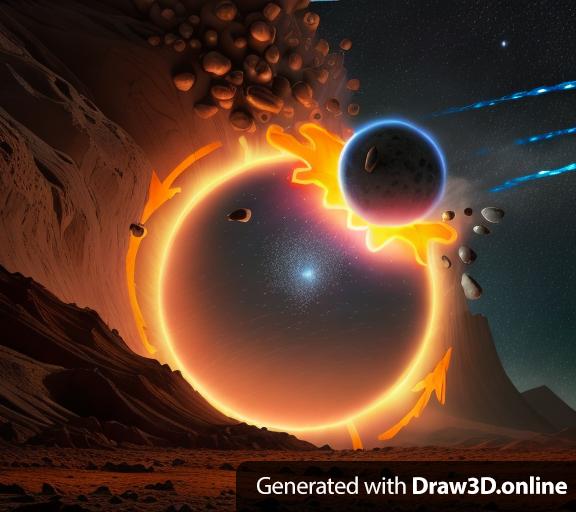 Create a scene featuring two volcanic protoplanets in the midst of a cosmic collision. The larger protoplanet serves as the primary focus, with its surface marked by dark, rugged terrain and glowing magma channels, indicating intense volcanic activity. The smaller protoplanet, about one-third the size of the larger, exhibits similar volcanic features and is captured at the moment of impact near the larger planet's imagined North Pole.

The collision is dynamic, causing the larger planet to tilt, an effect that can be subtly indicated by skewing its axis or displacing surface features to suggest movement. From the point of impact, visualize a dramatic explosion of bright oranges, yellows, and whites, highlighting the energy release.

Surrounding the collision site, depict a chaotic cloud of debris and dust ejecting into space, forming a halo around the impact area. This cloud should consist of various-sized particles - from large chunks to fine dust - all shimmering against the dark backdrop of space.

To emphasize the dynamics and trajectory of the collision, add tracks or trails emanating from both protoplanets. These trails should have a gradient from a white or light-blue leading edge, fading into darker hues, demonstrating both the speed and direction of the incoming smaller protoplanet. The trails visually indicate that the planets were initially on a head-to-head course but then diverged by a distance equal to the radius of the smaller planet.

The background is filled with the vastness of space, populated with distant stars to enhance the cosmic setting. However, these elements should remain subdued to keep the focus on the main event.

This scene captures not only the chaos and energy of a celestial collision but also the beauty of such cataclysmic events in the cosmos.