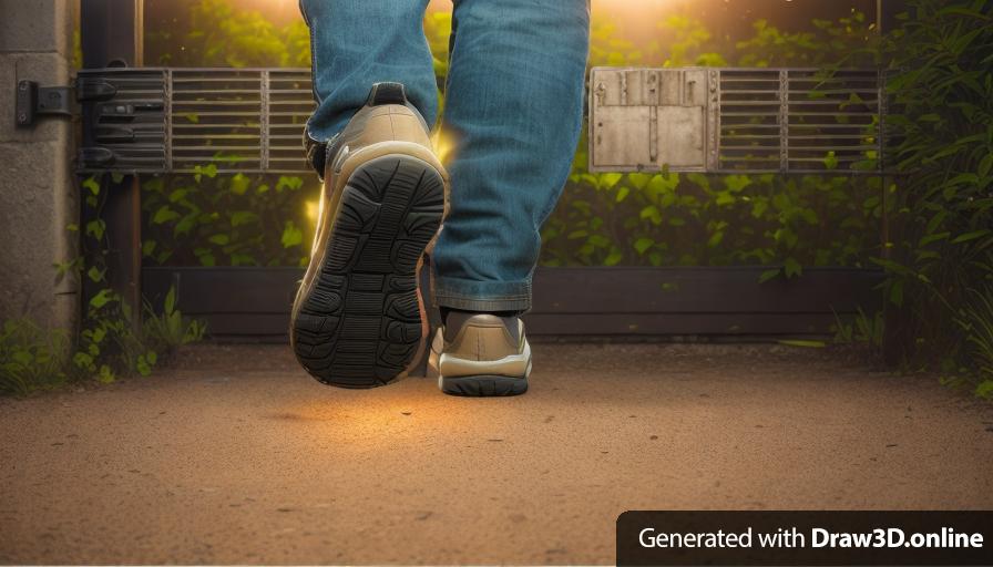 a realistic unreal engine style  portrait close up of foot from behind of one person walking towards 
 a gate at Night