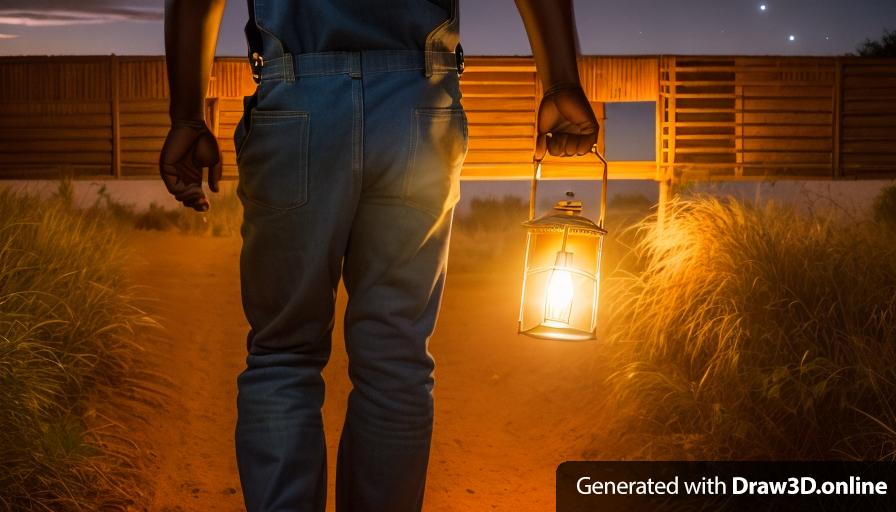 an illustration of an African man, wearing overalls holding a lantern in front of a gate at night