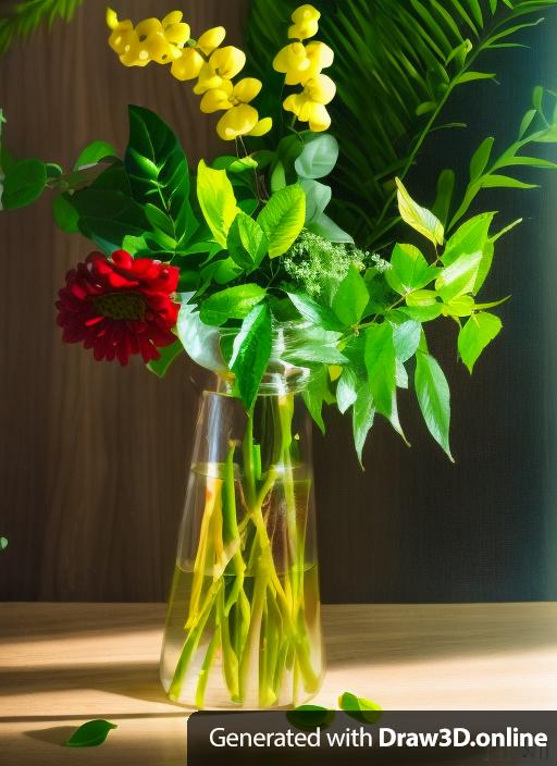 Flowers and leaves inserted in a glass vase