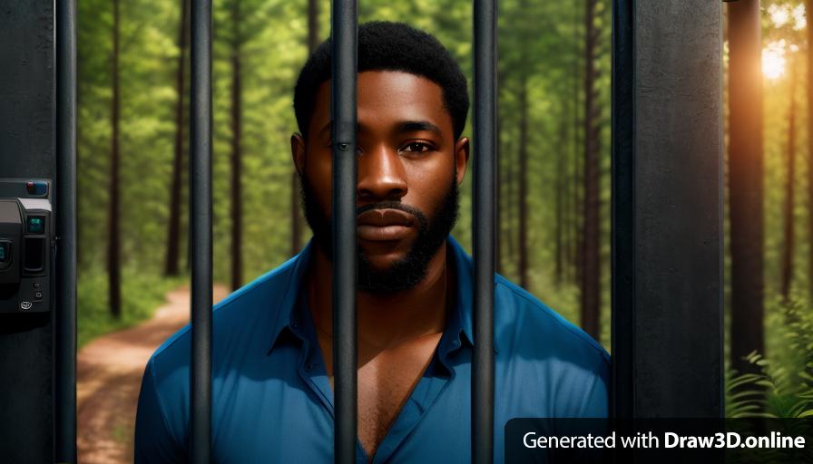 realistic unreal engine style image a black man wearing a blue shirt , behind a metal gate , night time forest in the background