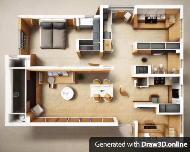 Generate indoor 3D floor plan based on indoor floor plan, Modern minimalist design, log, natural, soft shadows, movie lights, Texture, at night