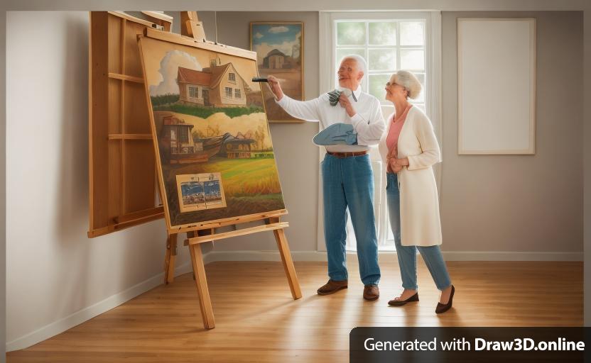 a cartoon of an older man and woman standing next to a easel