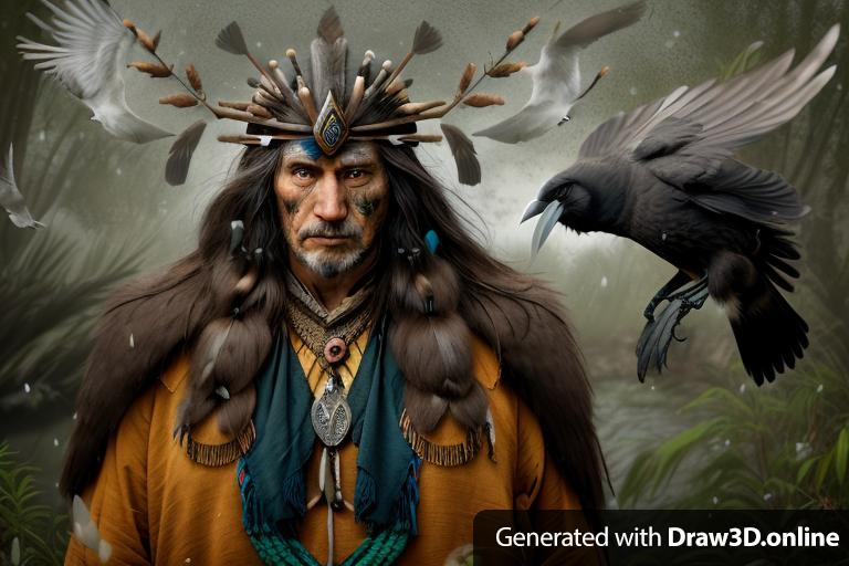 a portrait photo of an old*shaman-Norse*male waits for his approaching raven*bird returns to swamp-home