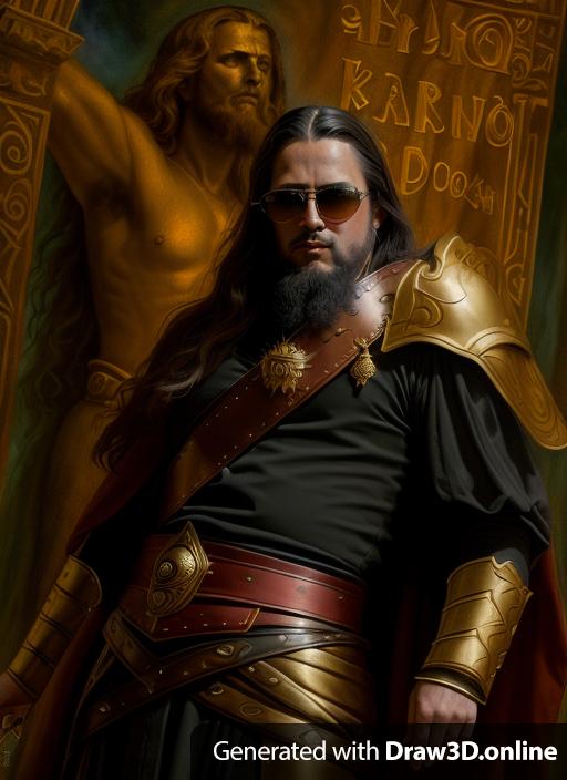 Fantasy art painting in Renaissance style of god emperor Karnot Doom with black aviator sunglasses