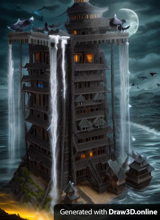 Fantasy art tower being swarmed by ravens and ghosts