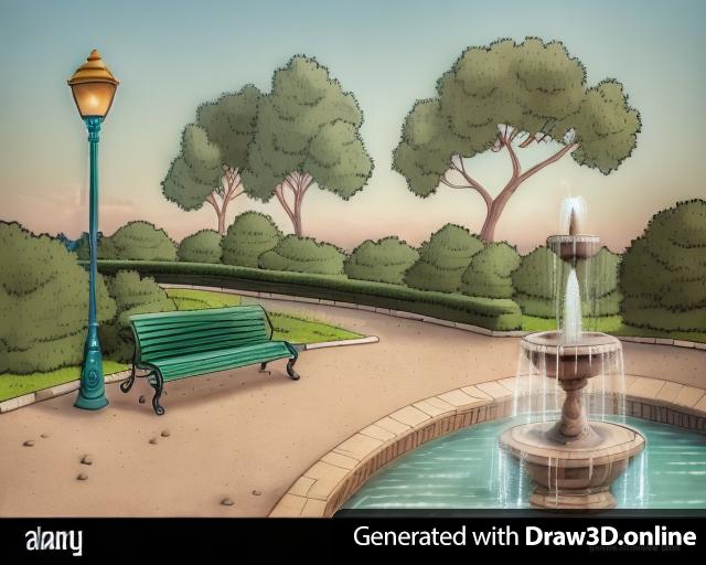 a park with a fountain and a bench - stock image