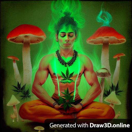 1*subject-green*eyes-adult*male-Shaman doing Padmasana, background smoke ((mushrooms), ((marijuana)),