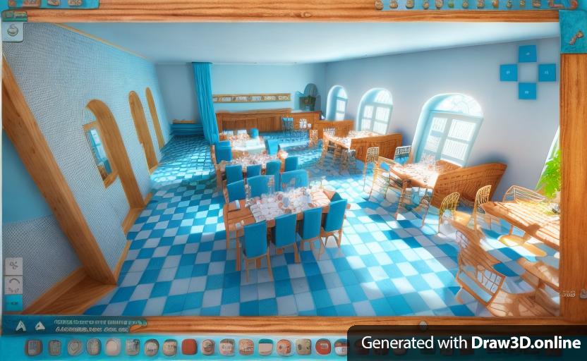 a 3d rendering of bistro in the style of Tim Burton's Alice in Wonderland with checked floor and blue sky