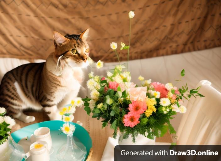 Cat with a crown on its head sniffing flowers