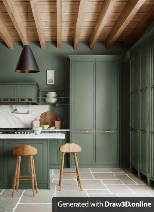 High end kitchen, more light, stone floor, dark green cabinets, luxury, british