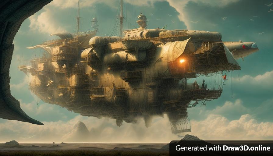 Fantasy art comic style scene of this airship being chased by flying pirate ships