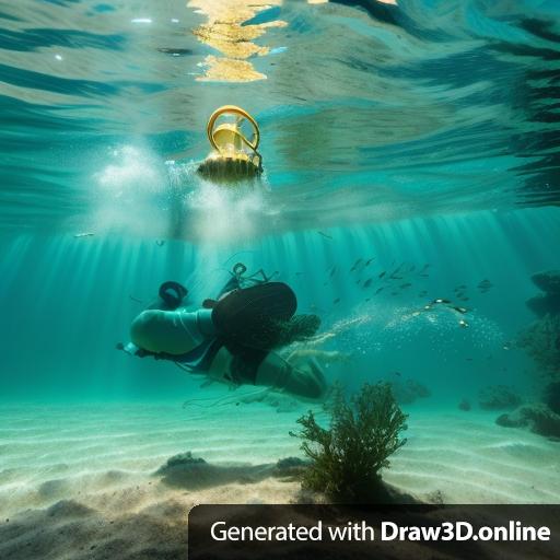 a submerged underwater man with ripples playing a euphonium in the bluish- water, the euphonium bell is coming out of the water and is old and tarnished gold,water is coming out of the bell,the man who is submerged and floating is seen from above