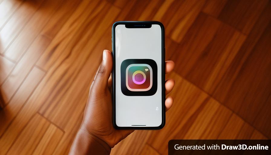 a dark skin hand holding an iphone with an instagram logo on it
wooden floor in background