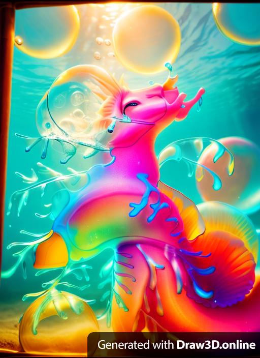 Fantasy scene of underwater scene of sunlit seahorse surrounded by bubbles. In the style of fantasy art