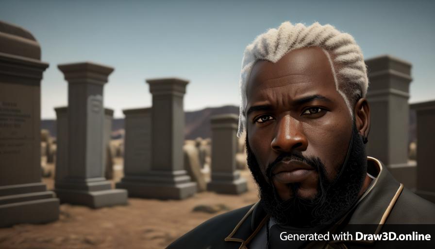 realistic unreal engine  style, image  of an African man with a beard, looking sad ,tombstones in the back ground