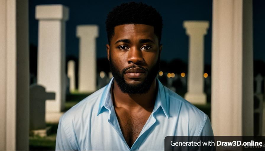 realistic image a black man wearing an only blue shirt with a beard and a clean cut, looking sad kneeling down at a cemetery , at night a lantern on the floor background