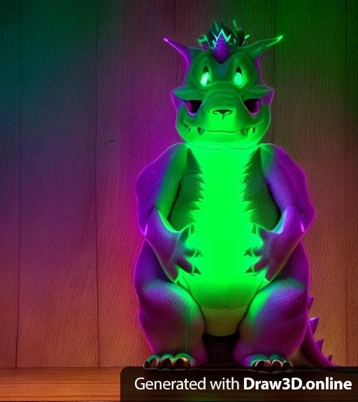 a photo of a dragon whit one hand on his back, one on his belly. The dragon is made out of wood and his colors are green with purple spots.
