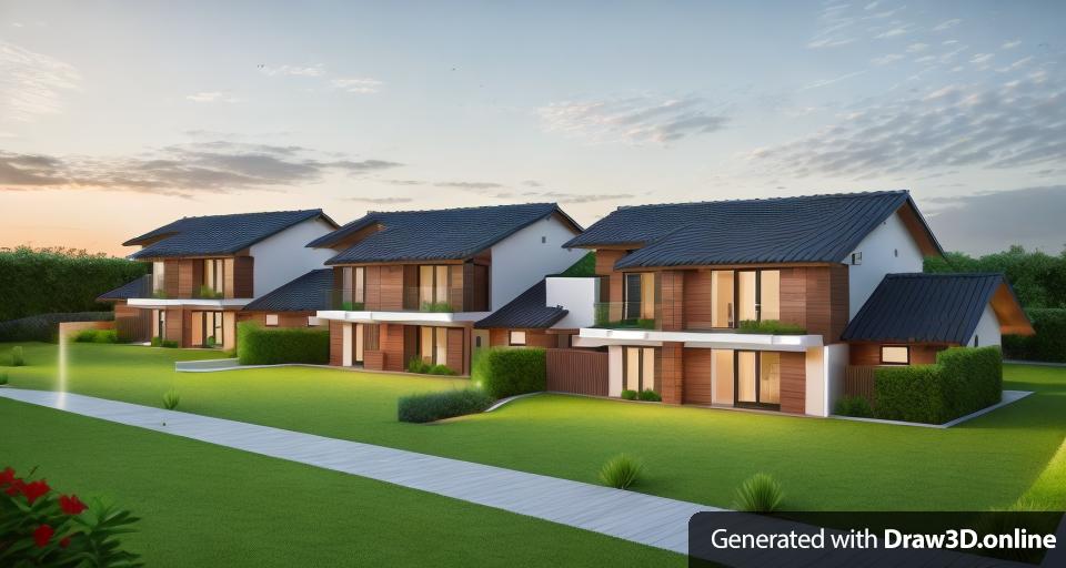 A rendering of a row of modern houses, garden in the background.