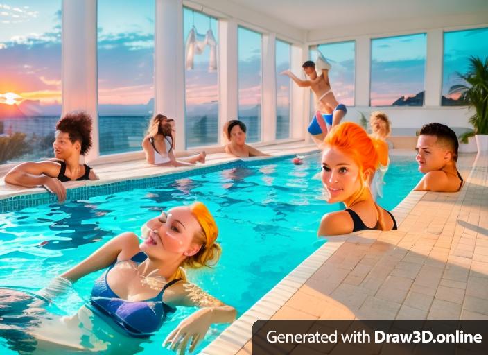 an image of a group of friends, women and men, in and around an indoors swiming pool with a beautiful sunset outside.