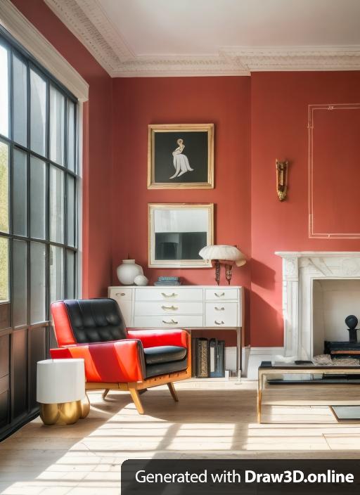 High end london interior, high end inteiror design, morning light, wood floor, glazed door to another internal room, rug, wood side table, grey walls, red chair, marble fire place, snoopy lamp