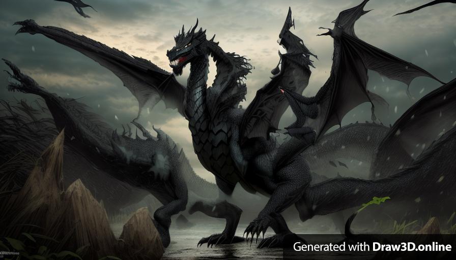 A black dragon standing in a swamp. The black dragon has five heads.