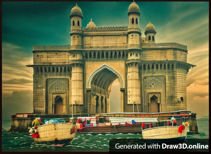 a photo of a gate with river and boat in mumbai