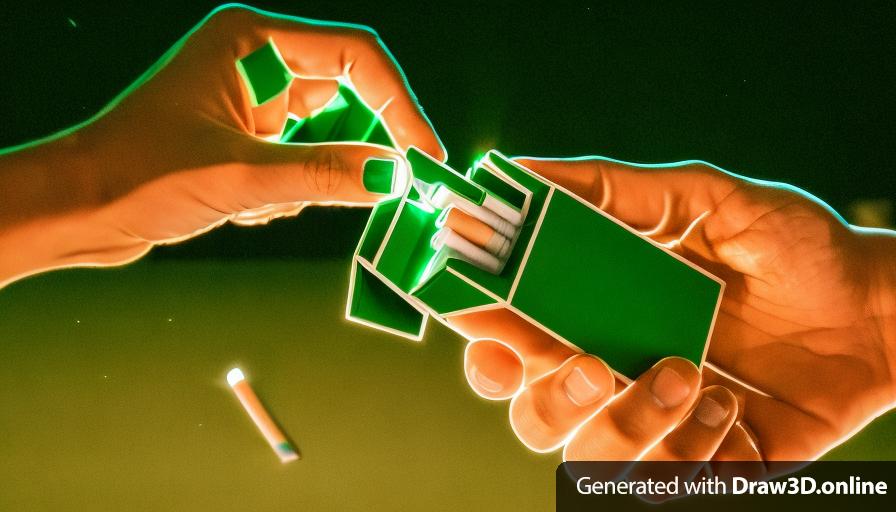 two hands holding a green box of cigarettes
 at night 
grass in the background