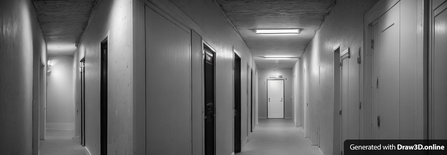 a black and white image of a dark hallway