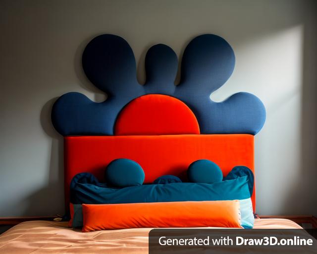 A velvet headboard with a dark blue top and orange circle.